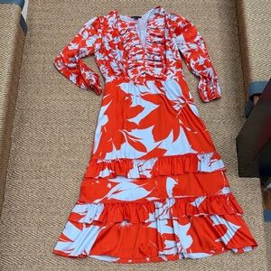 J. Crew Red and White Floral Ruffle Maxi Dress